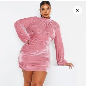 Dusty Pink Velvet High Neck Ruched Balloon Sleeve Bodycon Dress